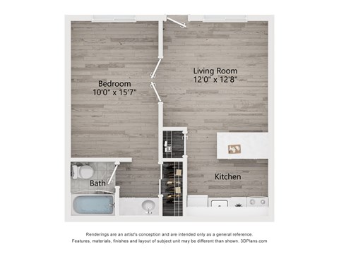 Floor plan for 1 bed, 1 bath, 539 sqft
